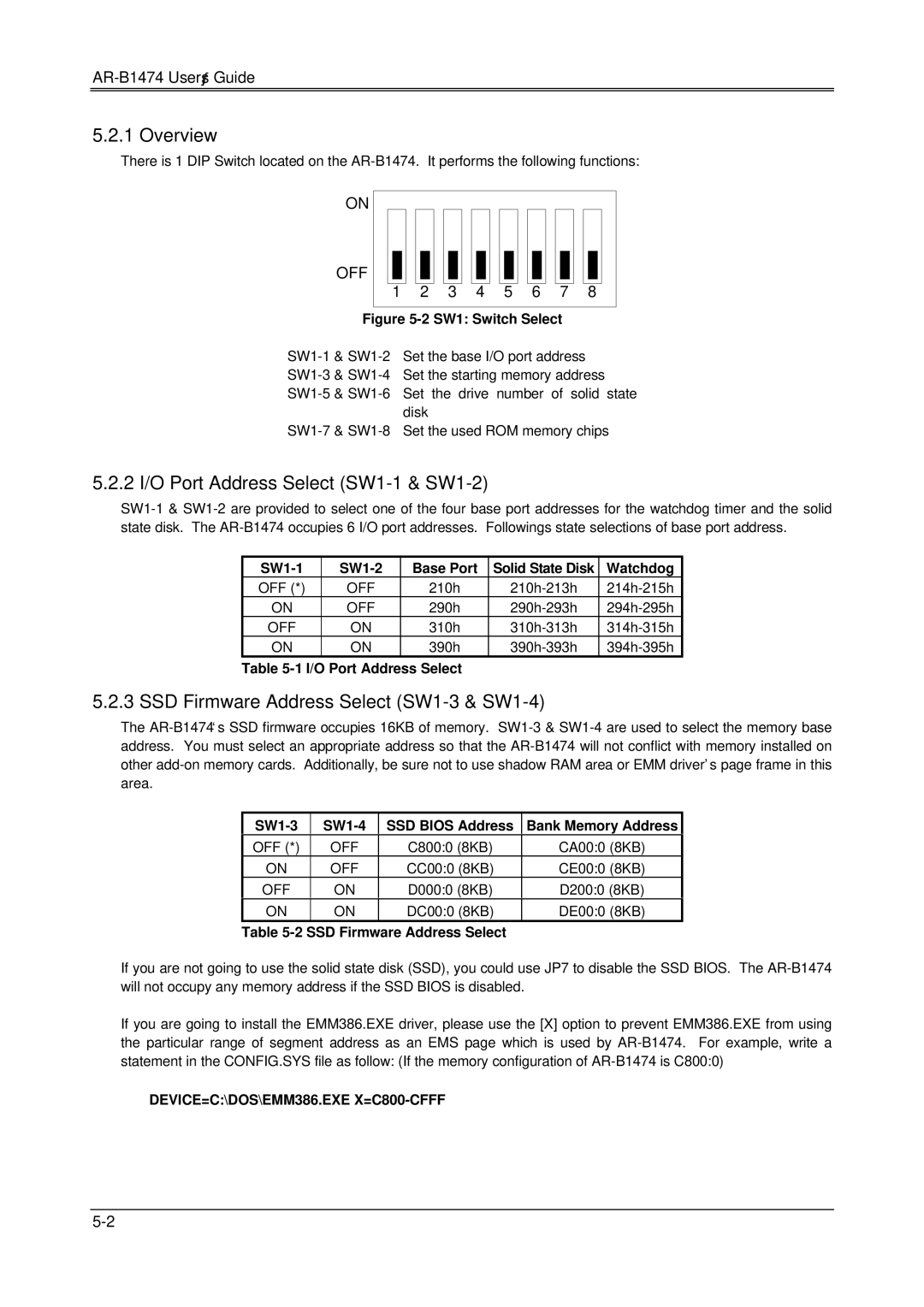 Sony 486DX, DX4, AR-B1474 manual Overview, 2 I/O Port Address Select SW1-1 & SW1-2, SSD Firmware Address Select SW1-3 & SW1-4 