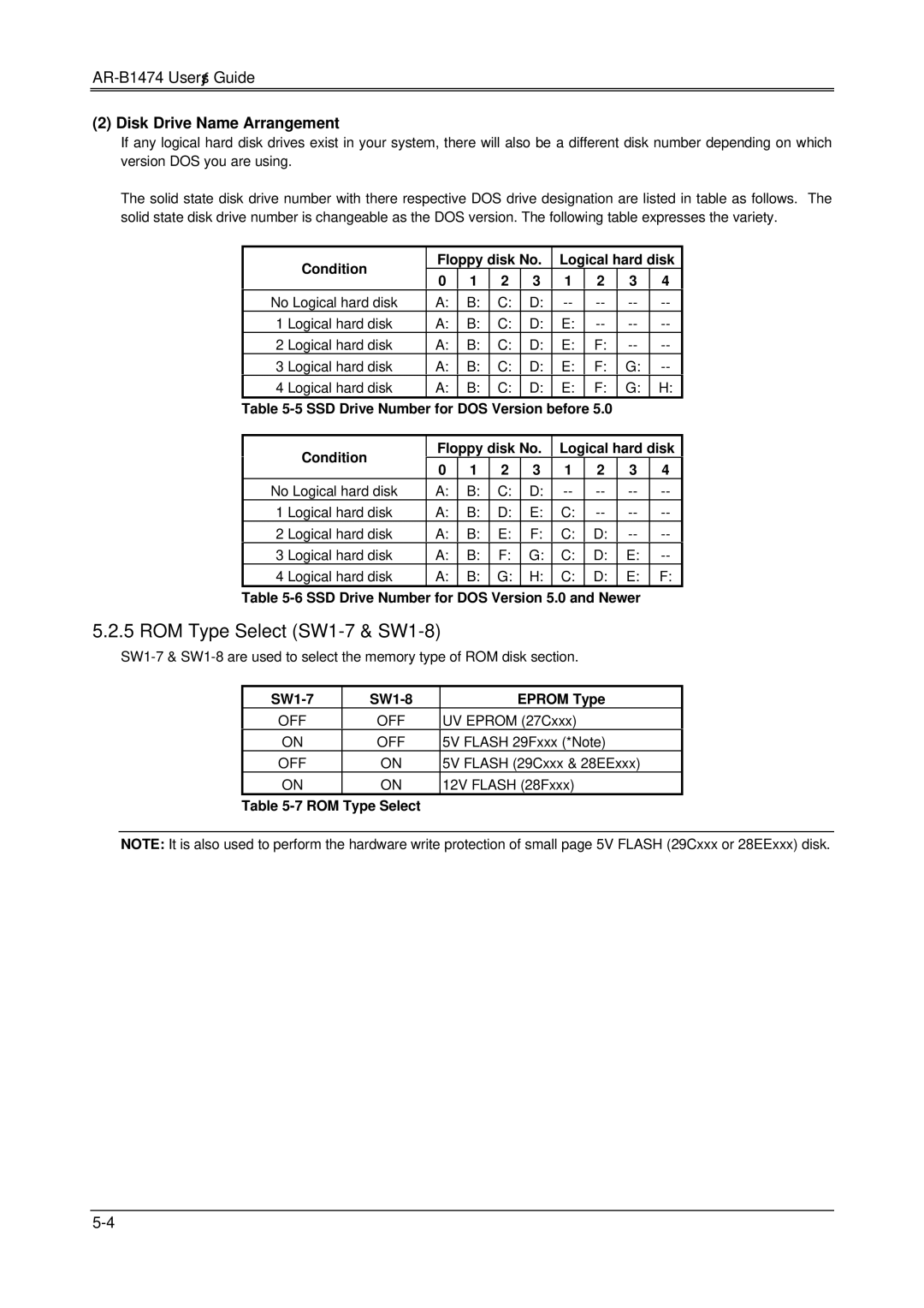 Sony DX4, 486DX, AR-B1474 manual ROM Type Select SW1-7 & SW1-8, Disk Drive Name Arrangement 