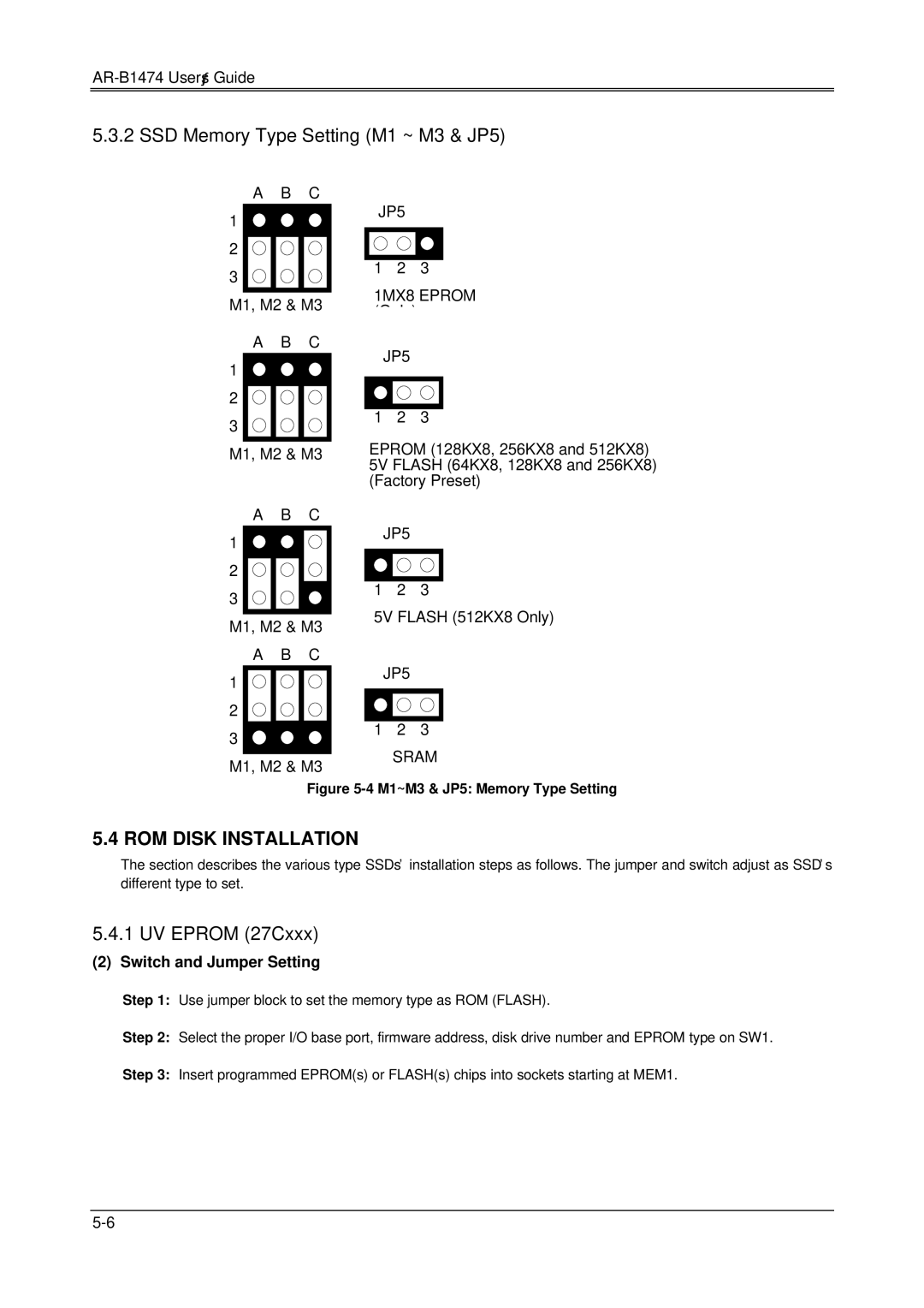 Sony AR-B1474 SSD Memory Type Setting M1 ~ M3 & JP5, ROM Disk Installation, UV Eprom 27Cxxx, Switch and Jumper Setting 