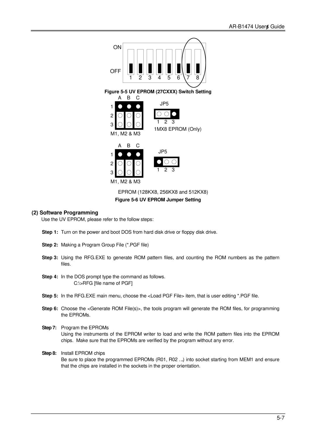 Sony DX4, 486DX, AR-B1474 manual Software Programming, UV Eprom 27CXXX Switch Setting 