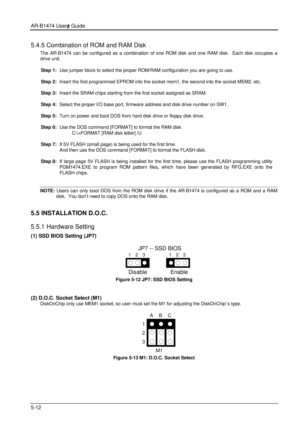 Sony AR-B1474, DX4, 486DX manual Combination of ROM and RAM Disk, Installation D.O.C, Hardware Setting, SSD Bios Setting JP7 