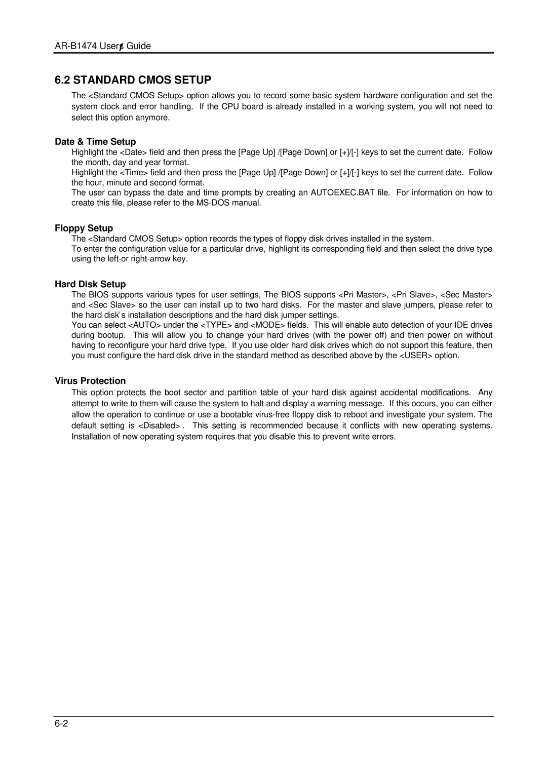 Sony DX4, 486DX, AR-B1474 manual Standard Cmos Setup, Date & Time Setup, Floppy Setup, Hard Disk Setup, Virus Protection 