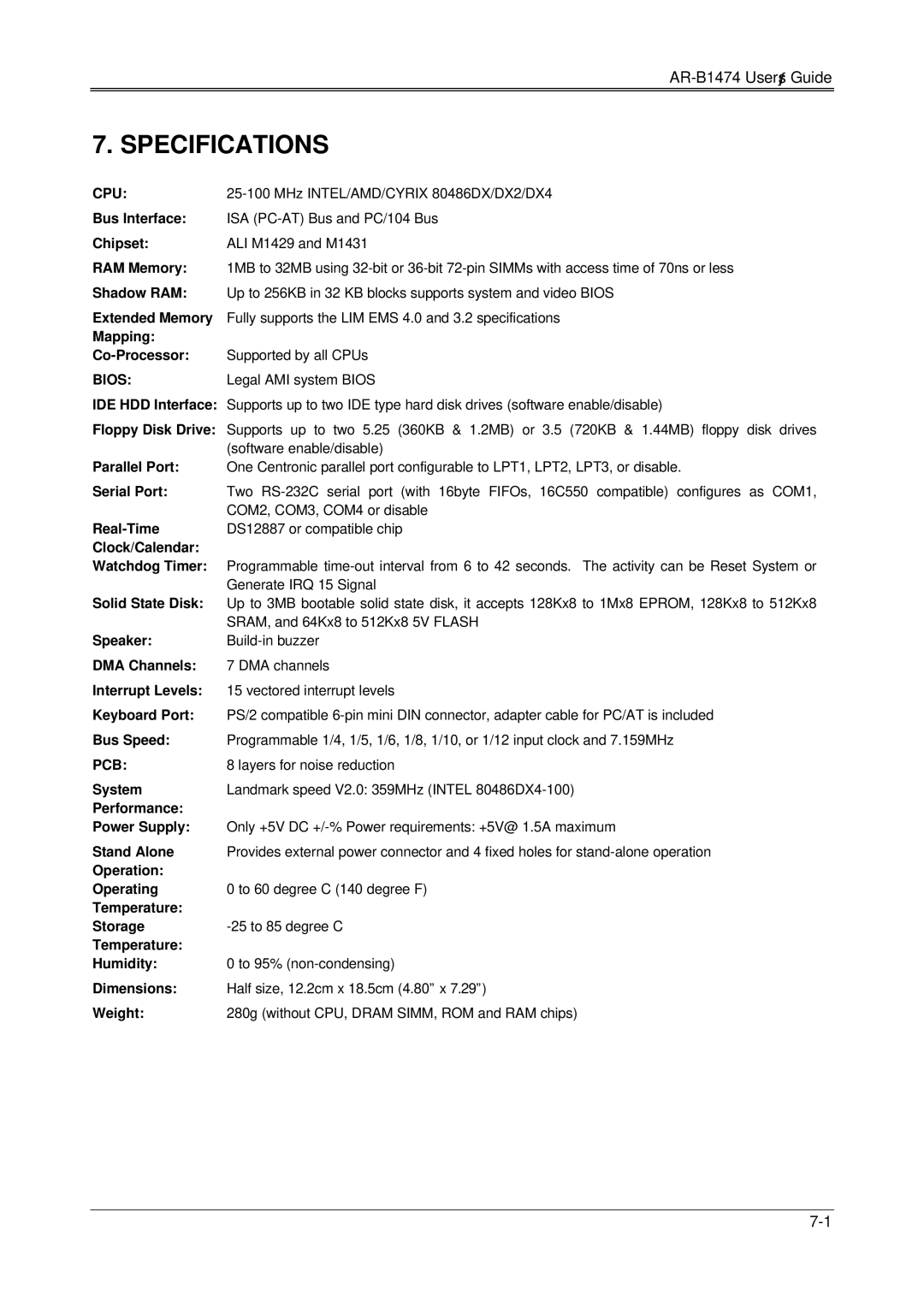 Sony 486DX, DX4, AR-B1474 manual Specifications, Cpu, Bios, Pcb 