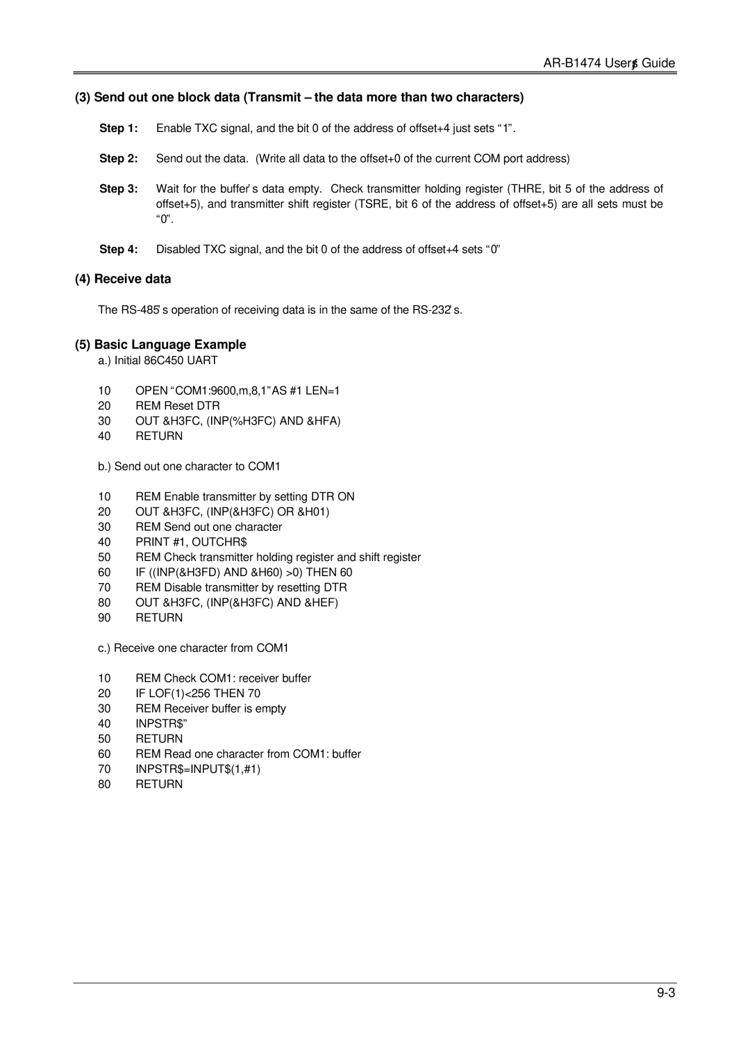 Sony 486DX, DX4, AR-B1474 manual Receive data, Send out one character to COM1 