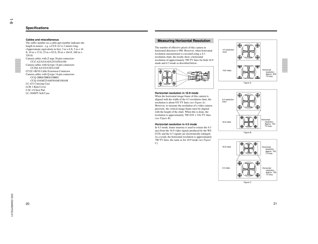 Sony DXC-D30WS Specifications, Measuring Horizontal Resolution, Cables and miscellaneous, Horizontal resolution in 43 mode 