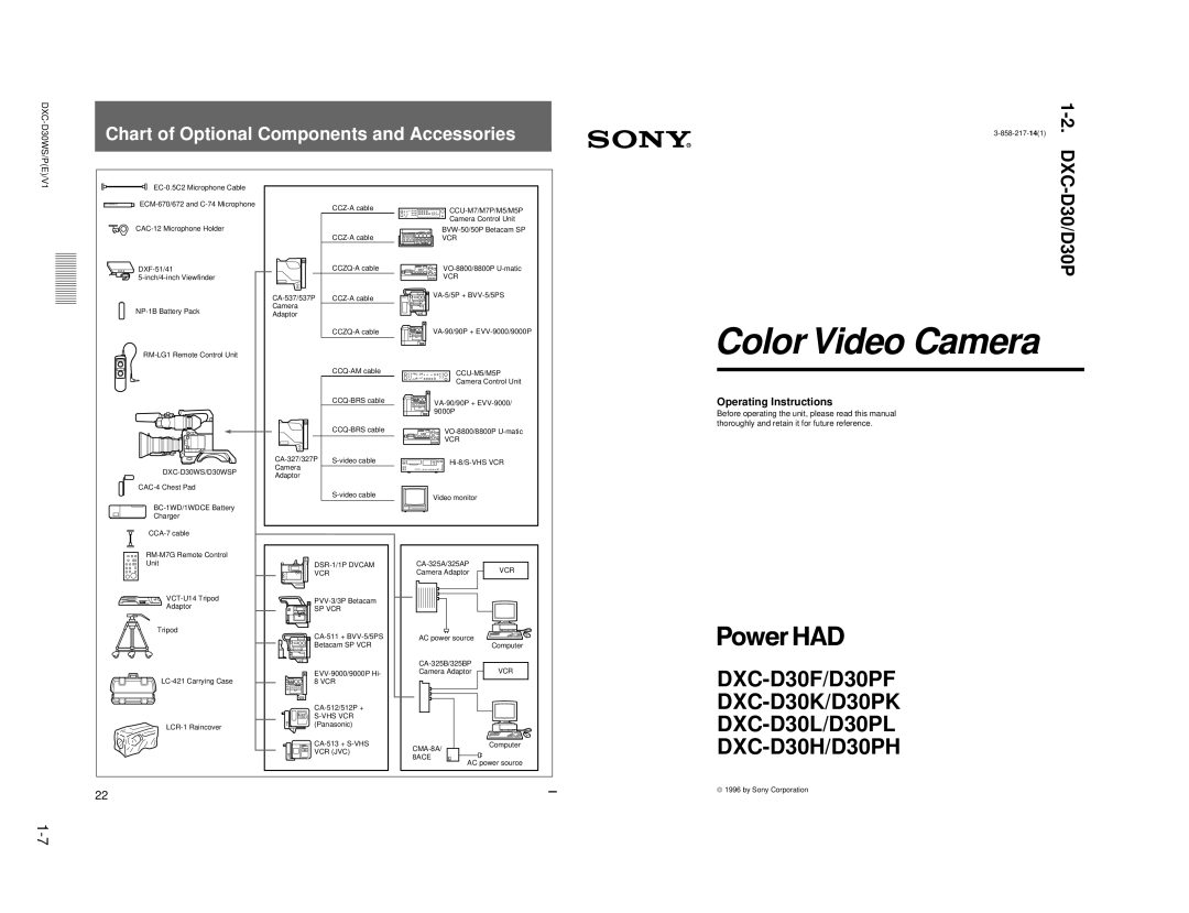 Sony DXC-D30WSP service manual Chart of Optional Components and Accessories, Dxc 