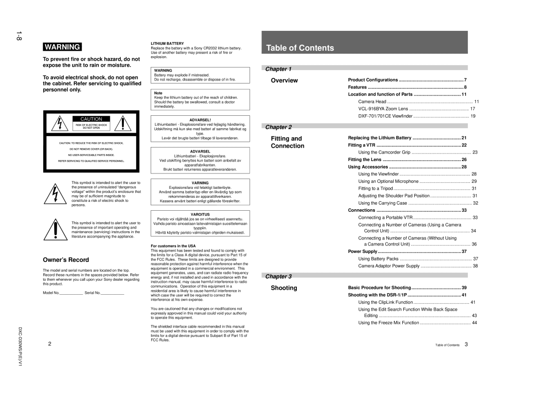 Sony DXC-D30WSP service manual Camera Head VCL-916BYA Zoom Lens DXF-701/701CE Viewfinder, Using the Camcorder Grip 