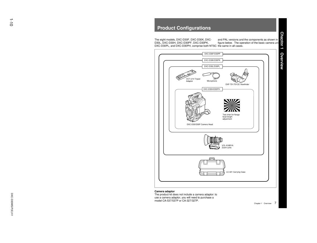 Sony DXC-D30WSP service manual Product Configurations, Camera adaptor 