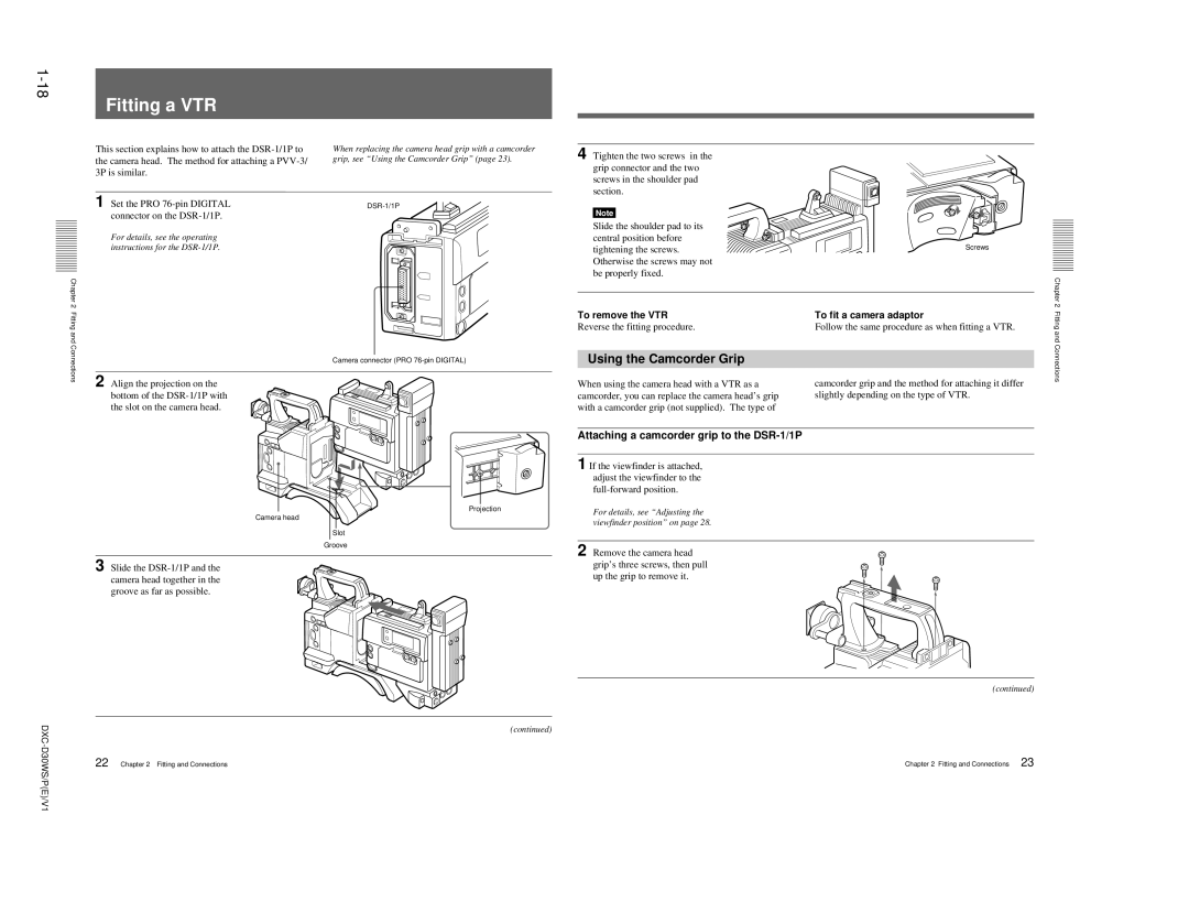 Sony DXC-D30WS Fitting a VTR, Using the Camcorder Grip, Attaching a camcorder grip to the DSR-1/1P, To remove the VTR 