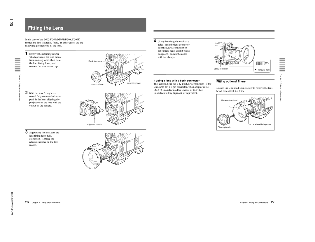 Sony DXC-D30WSP service manual Fitting the Lens, Fitting optional filters, If using a lens with a 6-pin connector 