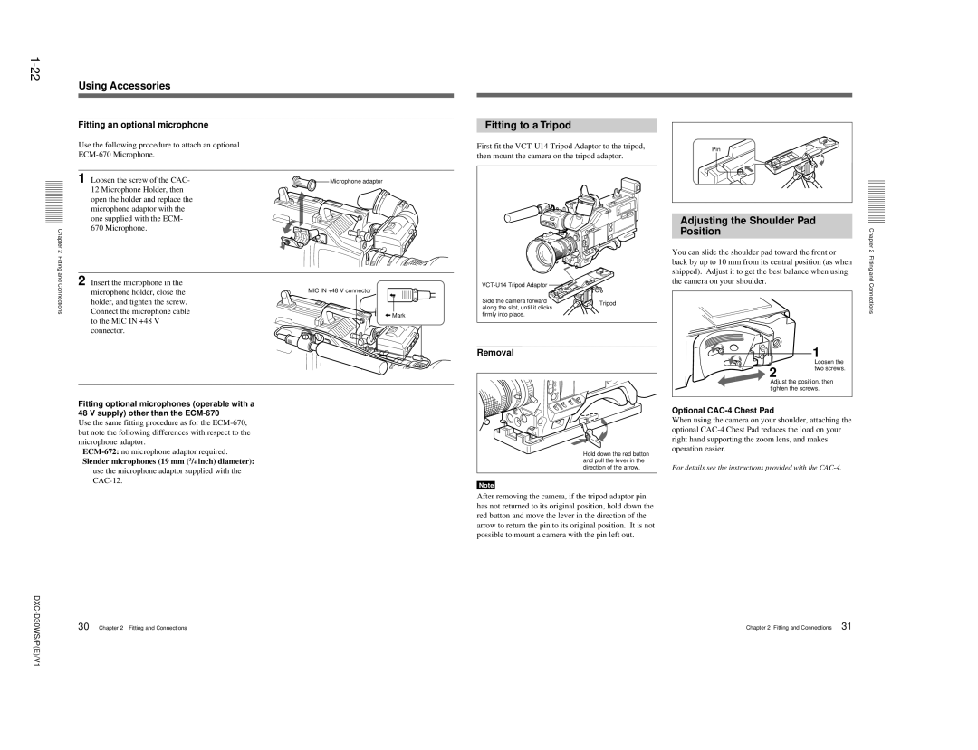 Sony DXC-D30WS Using Accessories, Fitting to a Tripod, Adjusting the Shoulder Pad Position, Fitting an optional microphone 