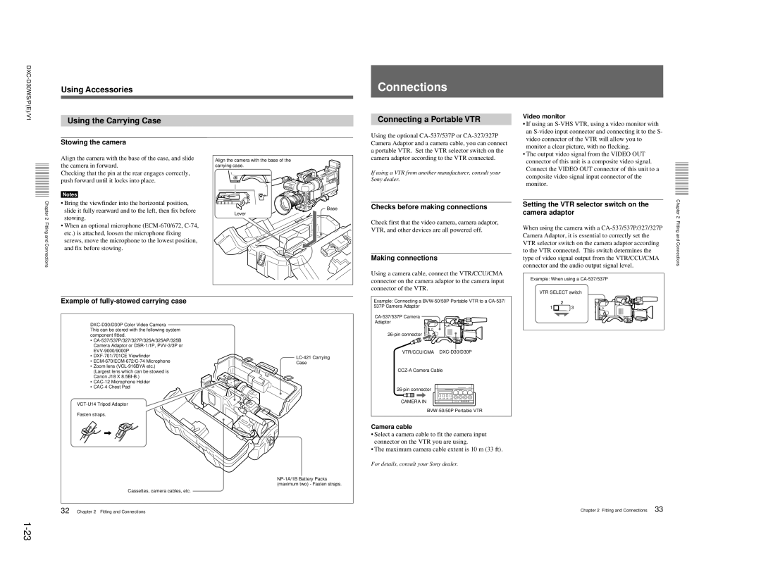 Sony DXC-D30WSP service manual Connections, Using Accessories Using the Carrying Case, Connecting a Portable VTR 