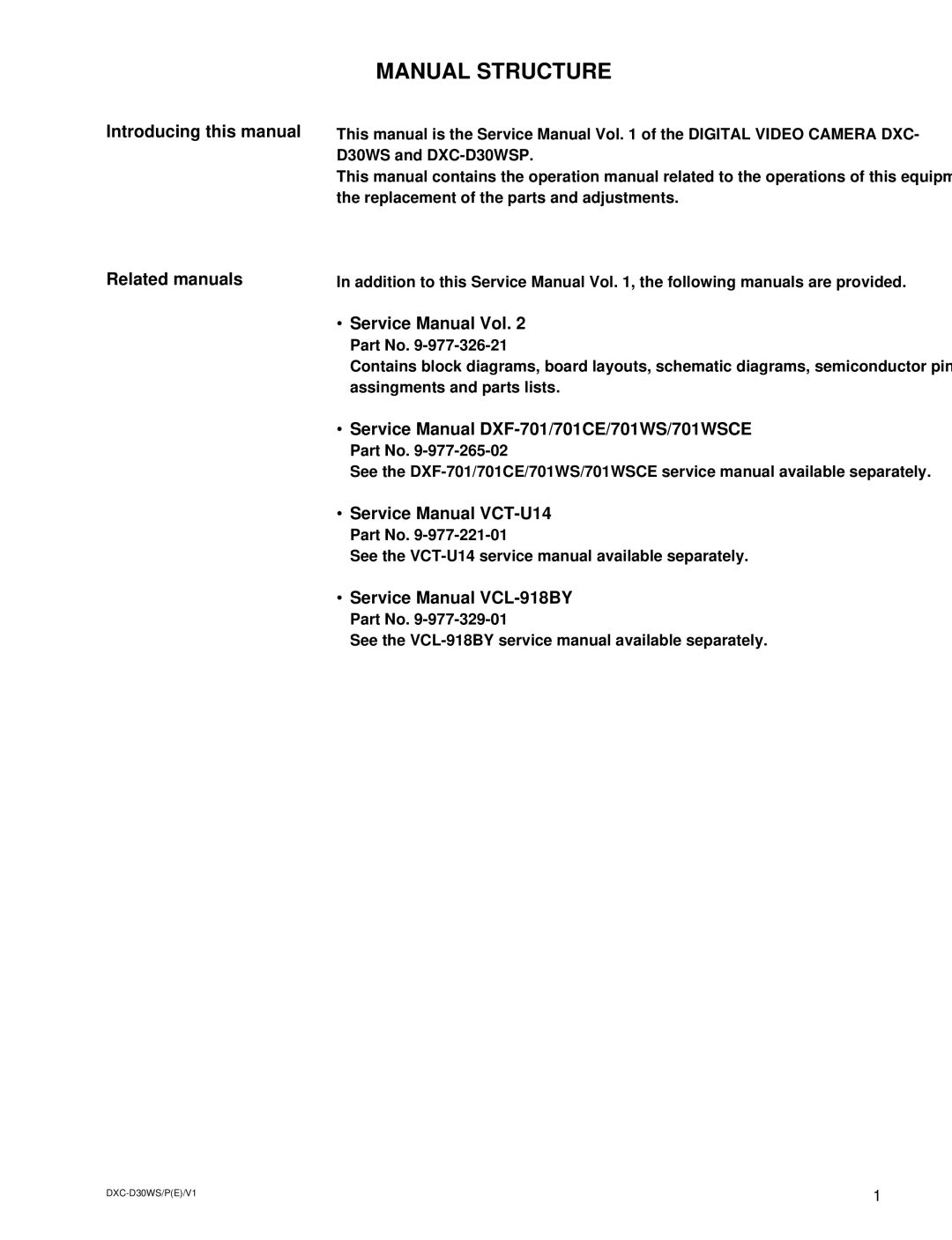 Sony DXC-D30WSP service manual Manual Structure, Introducing this manual Related manuals 