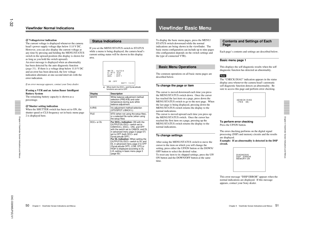 Sony DXC-D30WSP Viewfinder Basic Menu, Status Indications, Basic Menu Operations, Contents and Settings of Each 