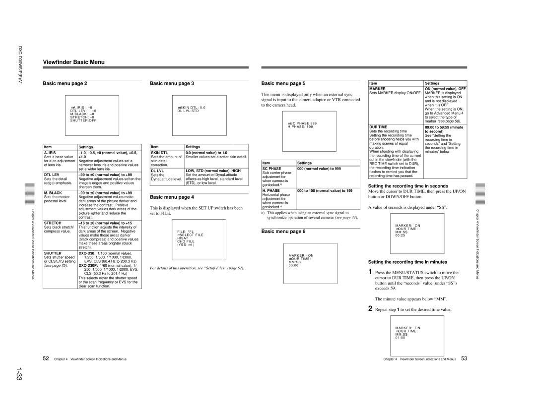 Sony DXC-D30WSP Viewfinder Basic Menu, Setting the recording time in seconds, Setting the recording time in minutes 