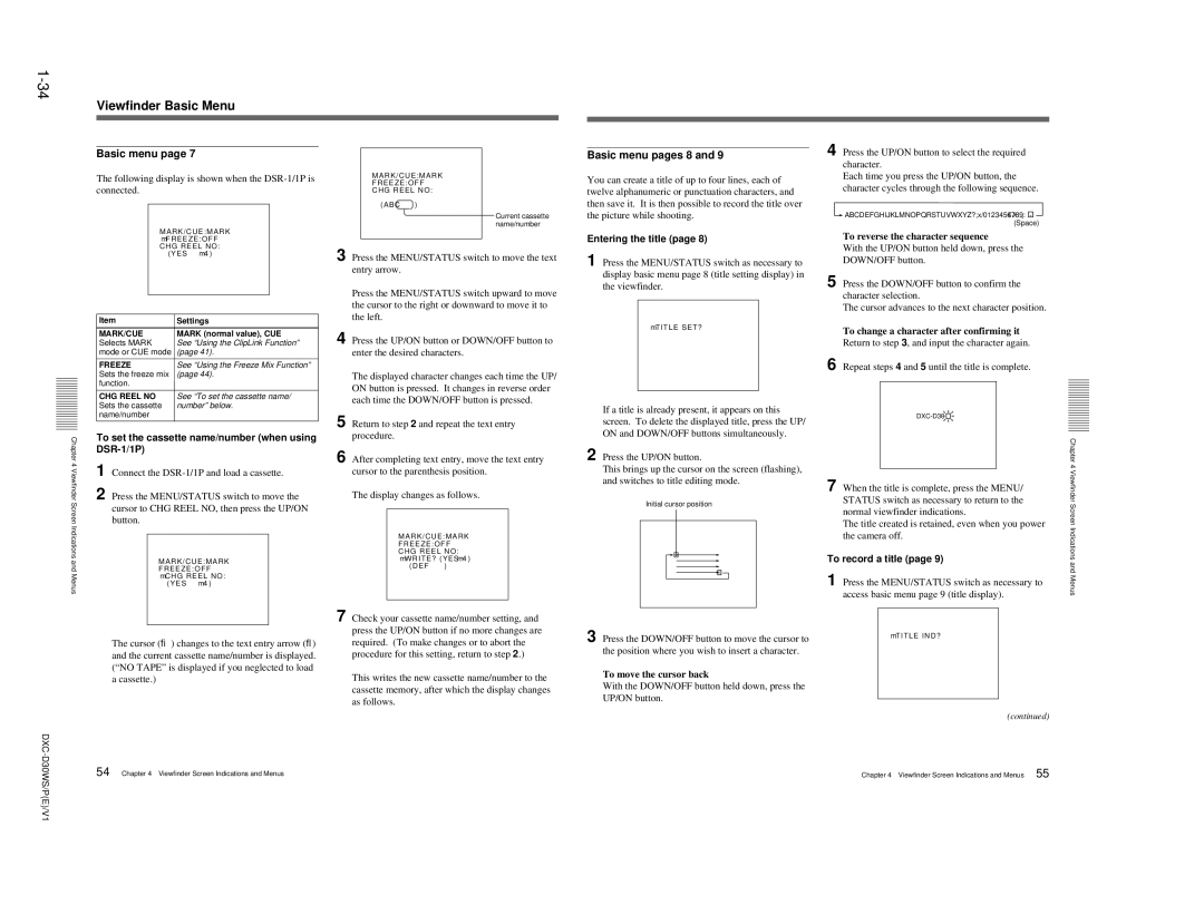 Sony DXC-D30WSP service manual Basic menu pages 8, Entering the title, DSR-1/1P, To record a title 