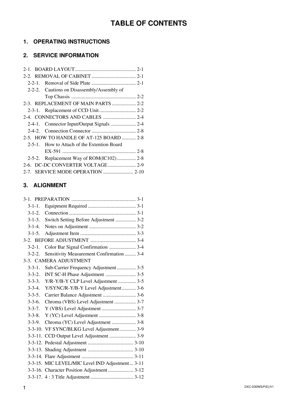 Sony DXC-D30WSP service manual Table of Contents 