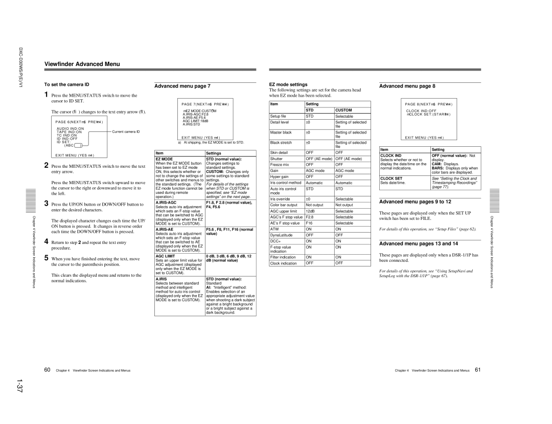 Sony DXC-D30WSP service manual Advanced menu pages 9 to, Advanced menu pages 13, To set the camera ID, EZ mode settings 