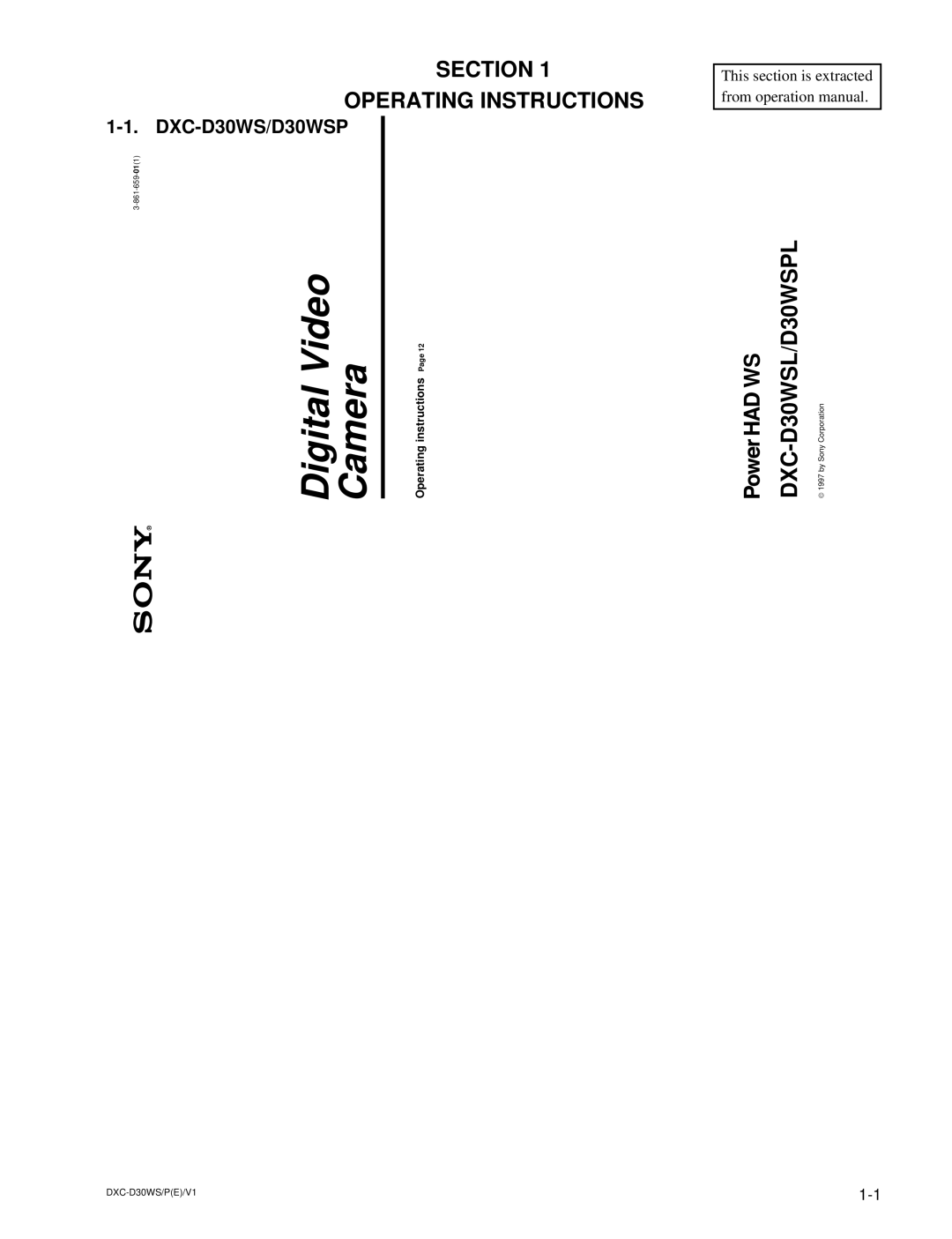 Sony DXC-D30WSP service manual Digital Video Camera, Operating instructions 