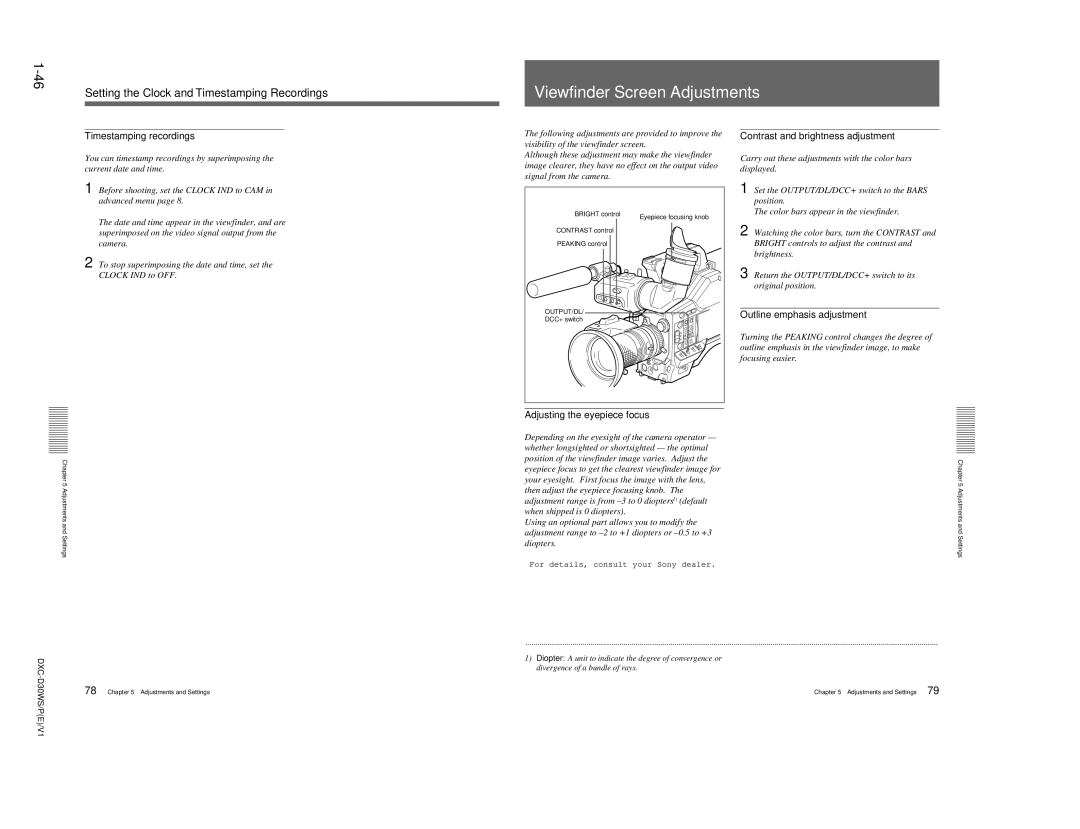 Sony DXC-D30WSP service manual Viewfinder Screen Adjustments, 46Setting the Clock and Timestamping Recordings 