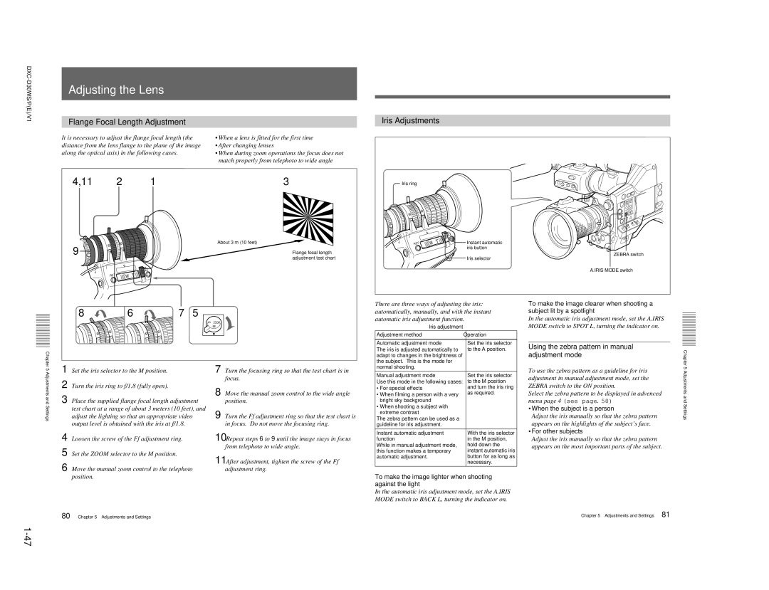 Sony DXC-D30WSP service manual Adjusting the Lens, Flange Focal Length Adjustment, Iris Adjustments 