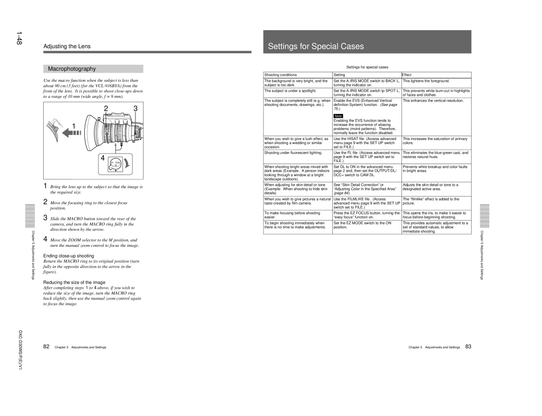 Sony DXC-D30WSP Settings for Special Cases, 48Adjusting the Lens Macrophotography, Ending close-up shooting 