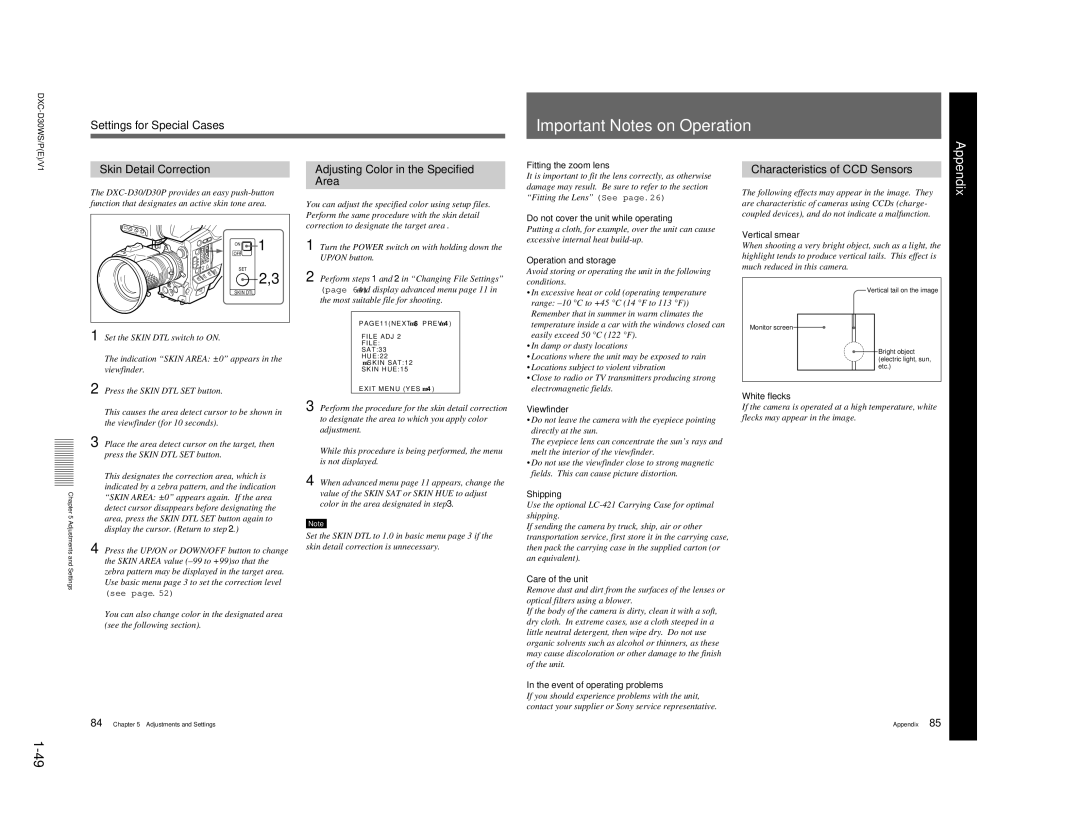 Sony DXC-D30WSP service manual Important Notes on Operation, Settings for Special Cases, Skin Detail Correction 