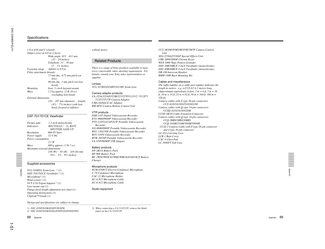 Sony DXC-D30WSP service manual DXF-701/701CE Viewfinder, Hood, VCL-915BYA/916BY/1012BY Zoom Lens, Studio equipment 