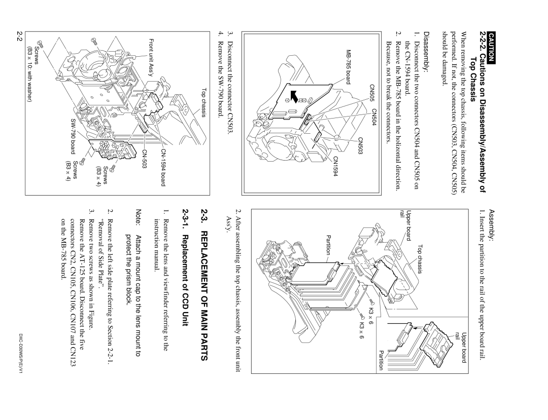 Sony DXC-D30WSP service manual Replacement of Main Parts, Replacement of CCD Unit, Disassembly, Assembly 