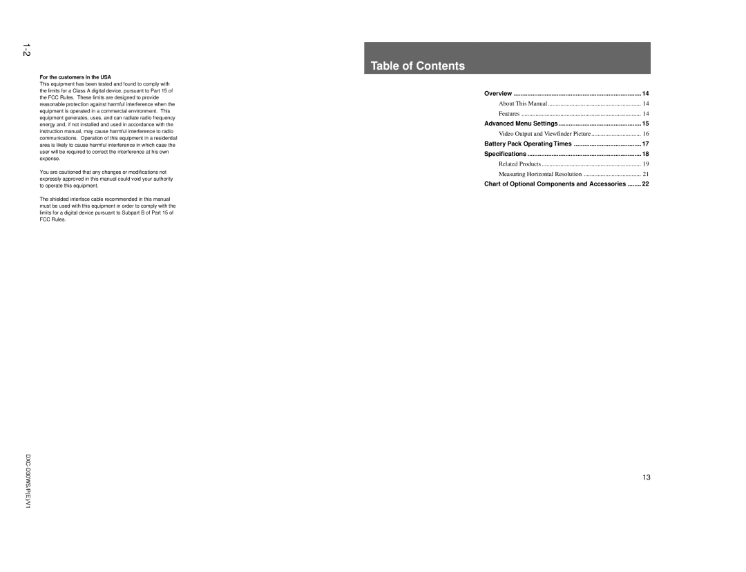 Sony DXC-D30WSP service manual Table of Contents 