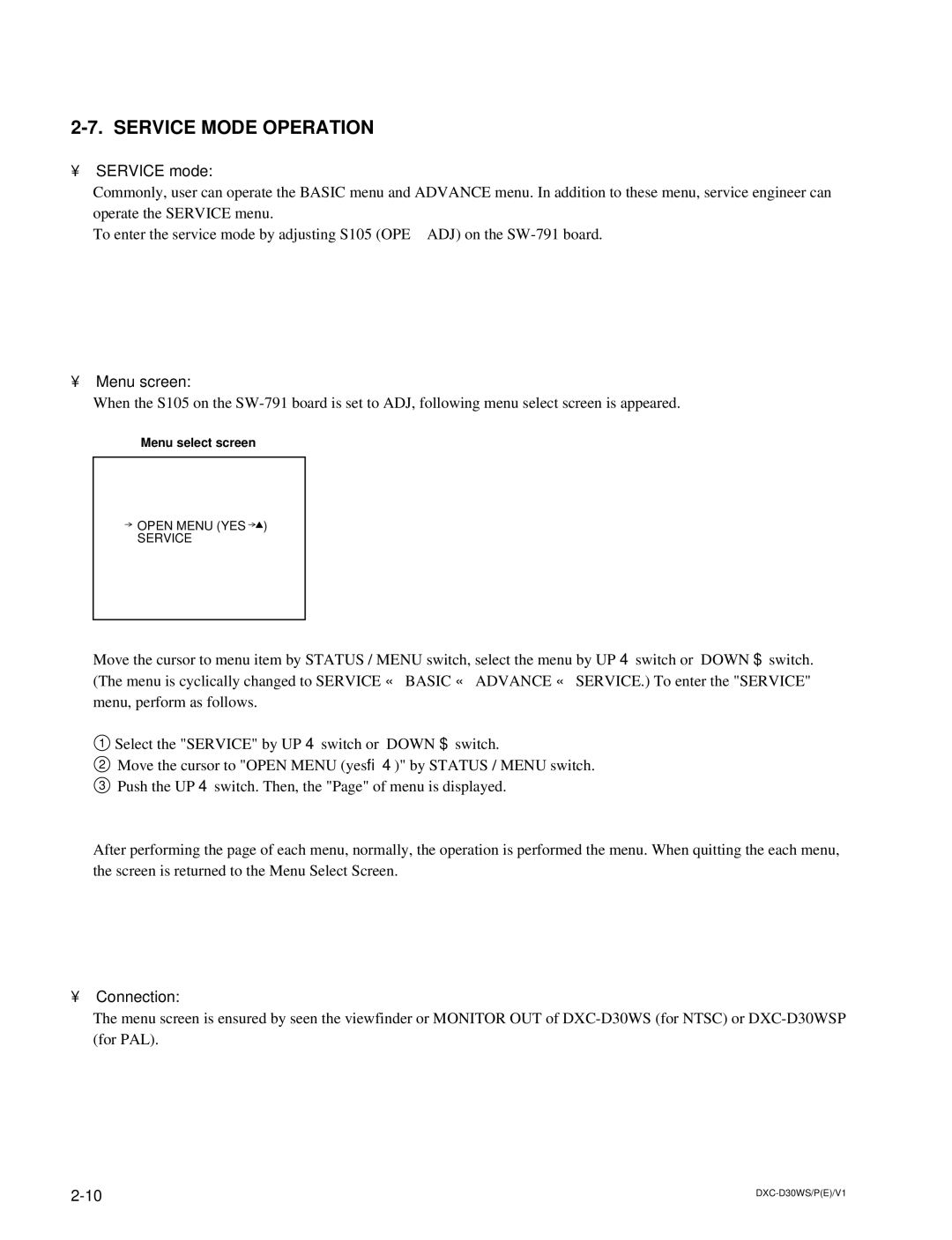 Sony DXC-D30WSP service manual Service Mode Operation, Service mode, Menu screen, Connection, Menu select screen 