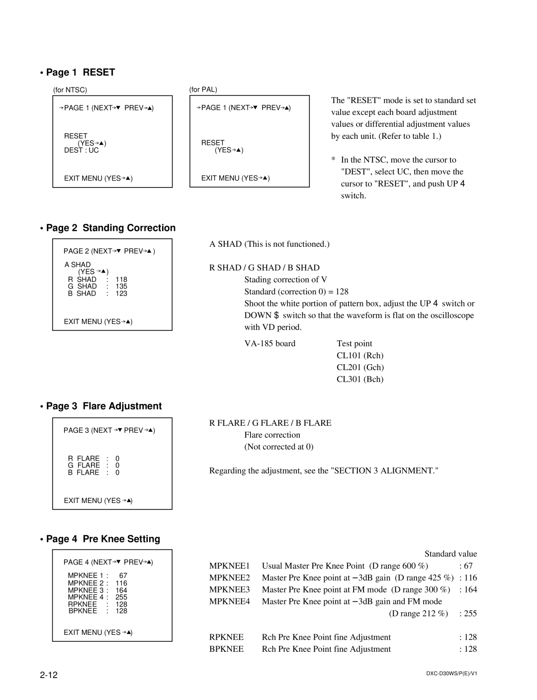 Sony DXC-D30WSP service manual Reset, Standing Correction, Flare Adjustment, Pre Knee Setting 