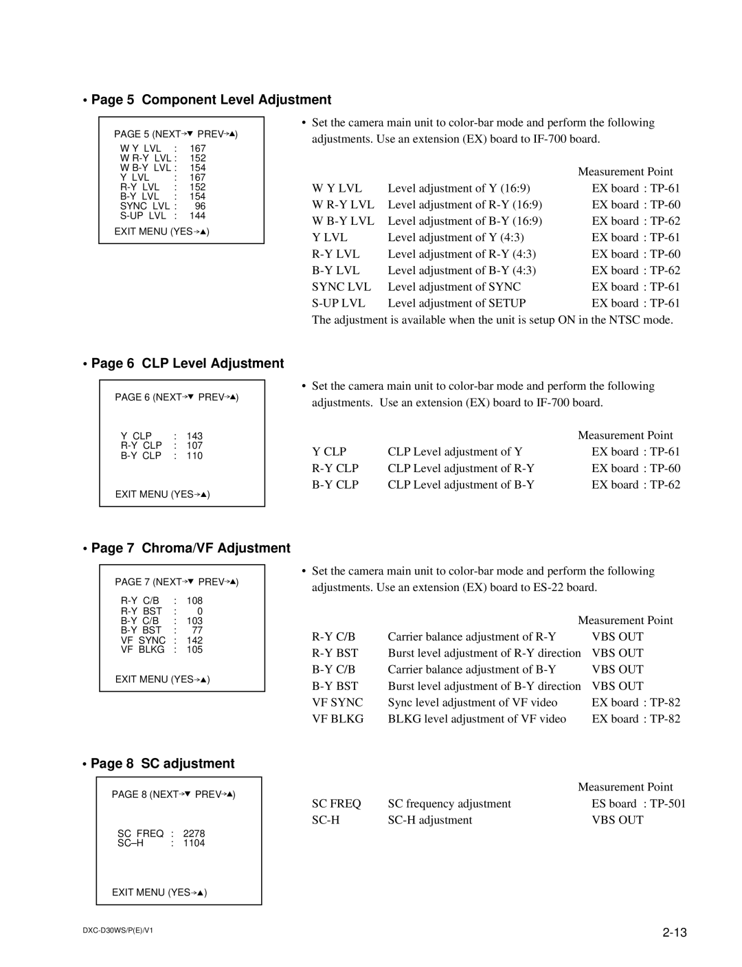 Sony DXC-D30WSP service manual Component Level Adjustment, CLP Level Adjustment, Chroma/VF Adjustment, SC adjustment 