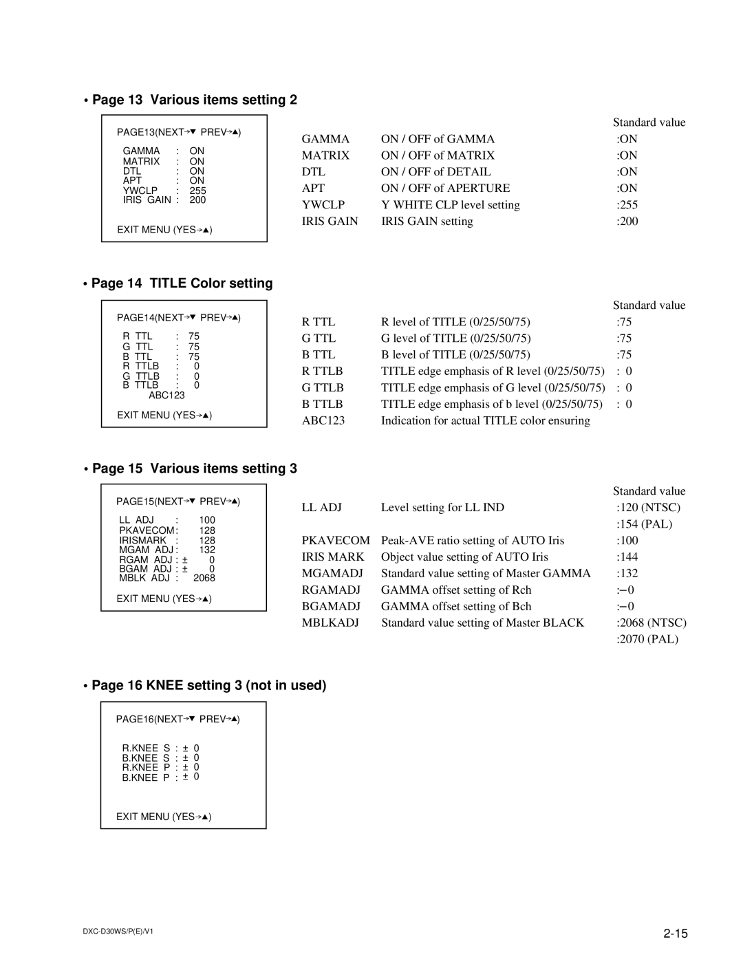 Sony DXC-D30WSP service manual Various items setting, Title Color setting, Knee setting 3 not in used 