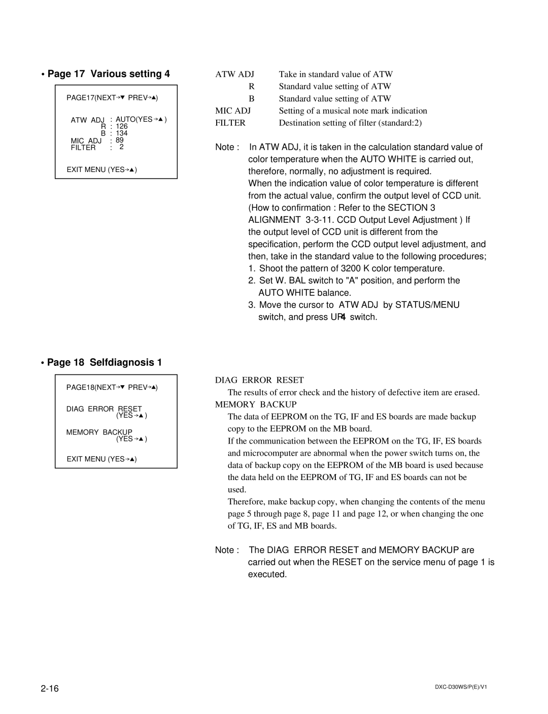 Sony DXC-D30WSP service manual Various setting, Selfdiagnosis 