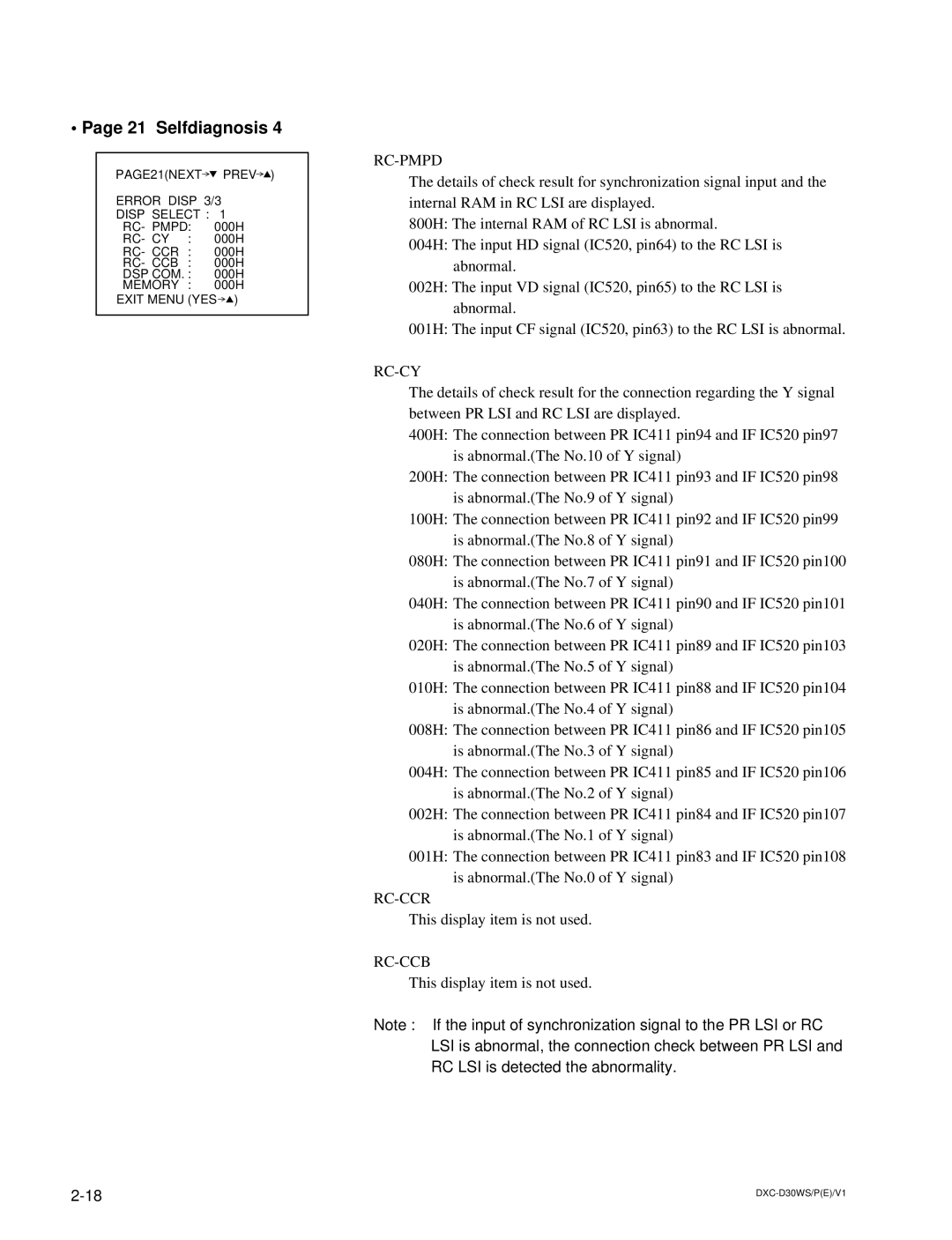 Sony DXC-D30WSP service manual Selfdiagnosis, Rc-Pmpd, Rc-Cy, Rc-Ccr, Rc-Ccb 