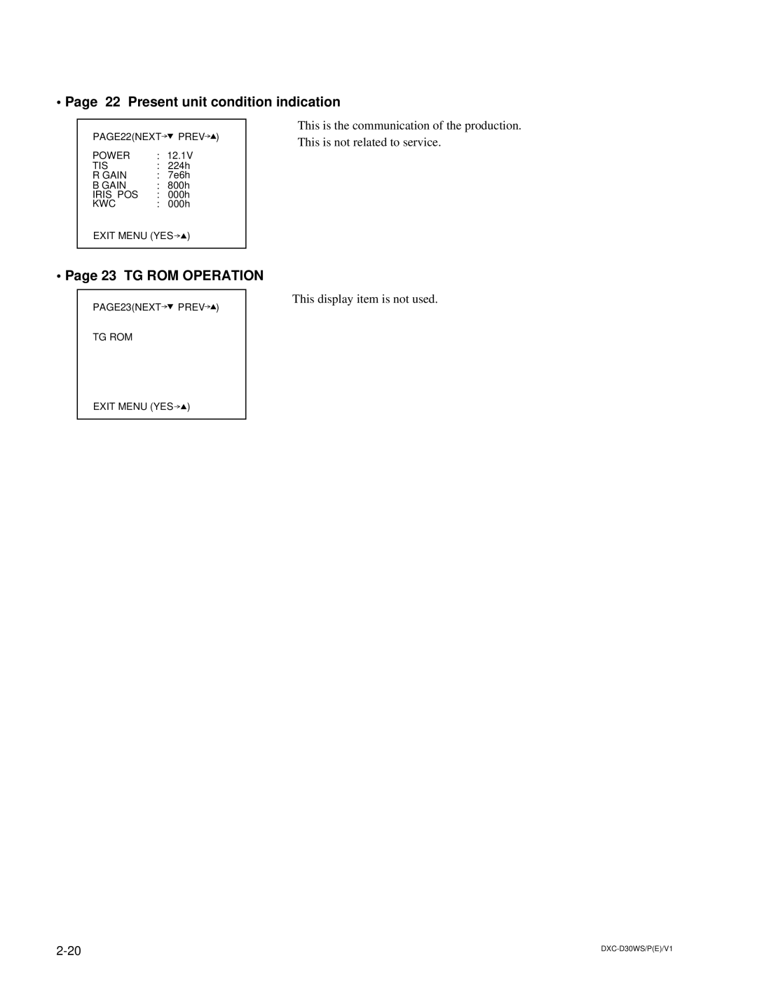 Sony DXC-D30WSP service manual Present unit condition indication, TG ROM Operation 