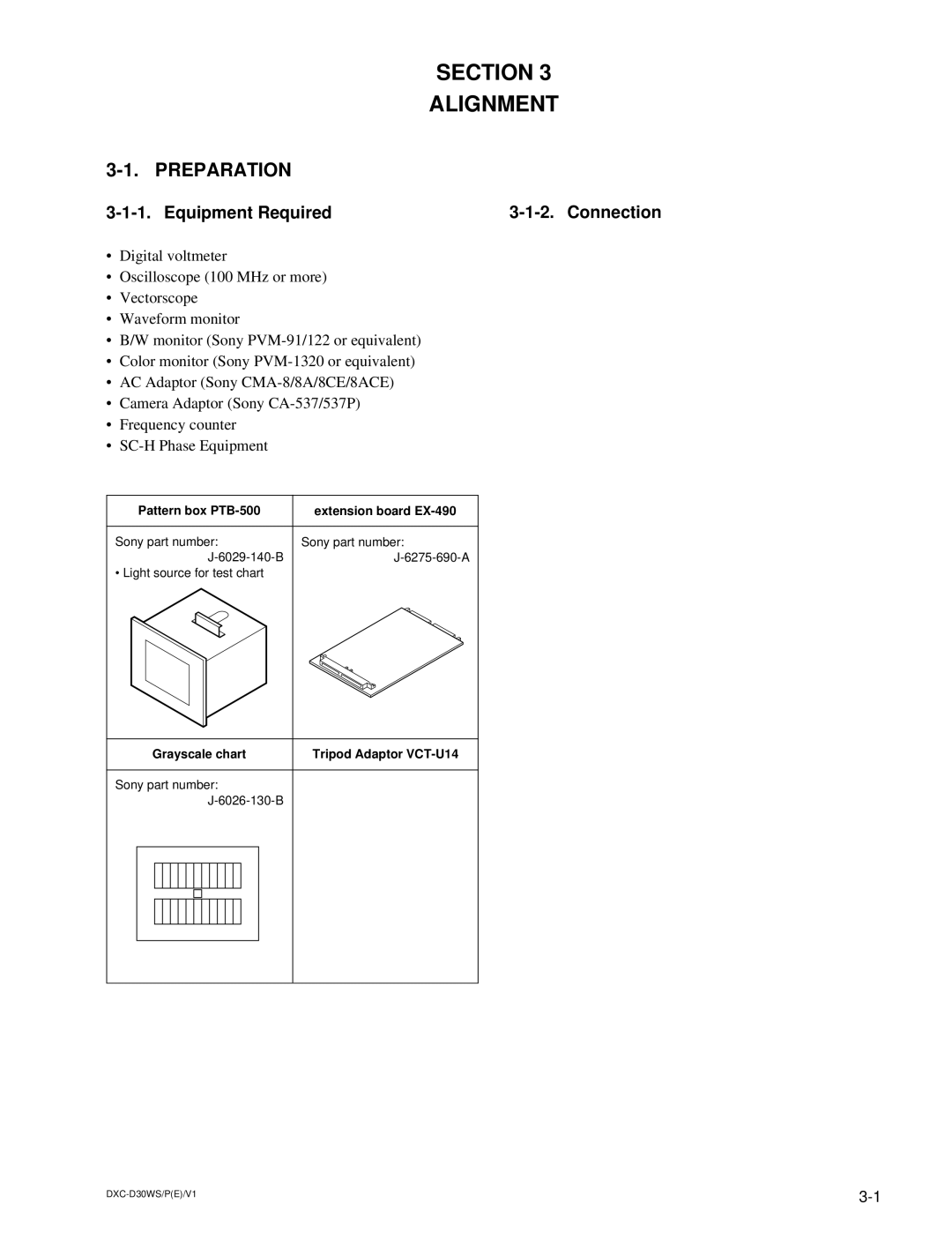 Sony DXC-D30WSP service manual Preparation, Equipment Required Connection, Pattern box PTB-500, Grayscale chart 