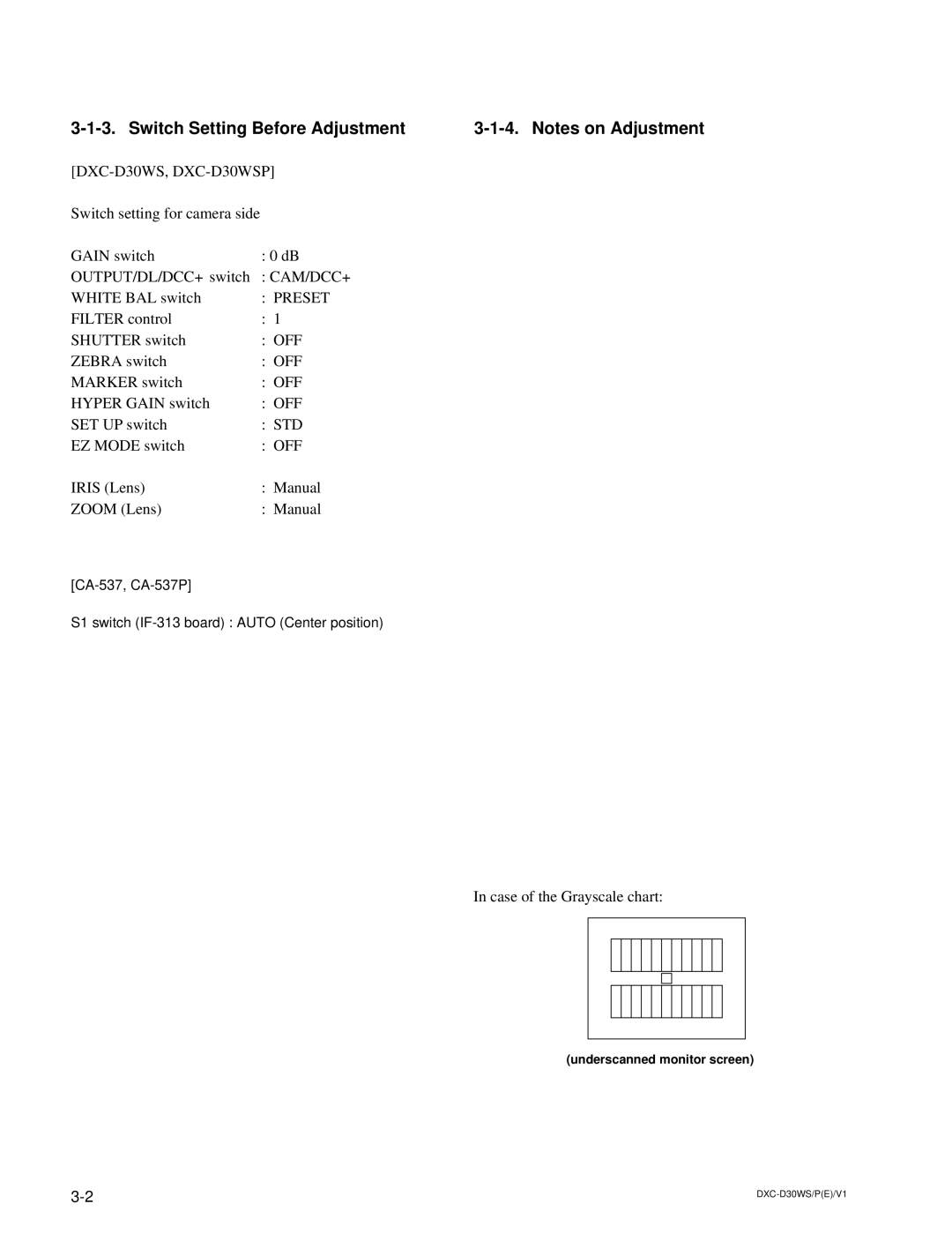 Sony DXC-D30WSP service manual Switch Setting Before Adjustment 