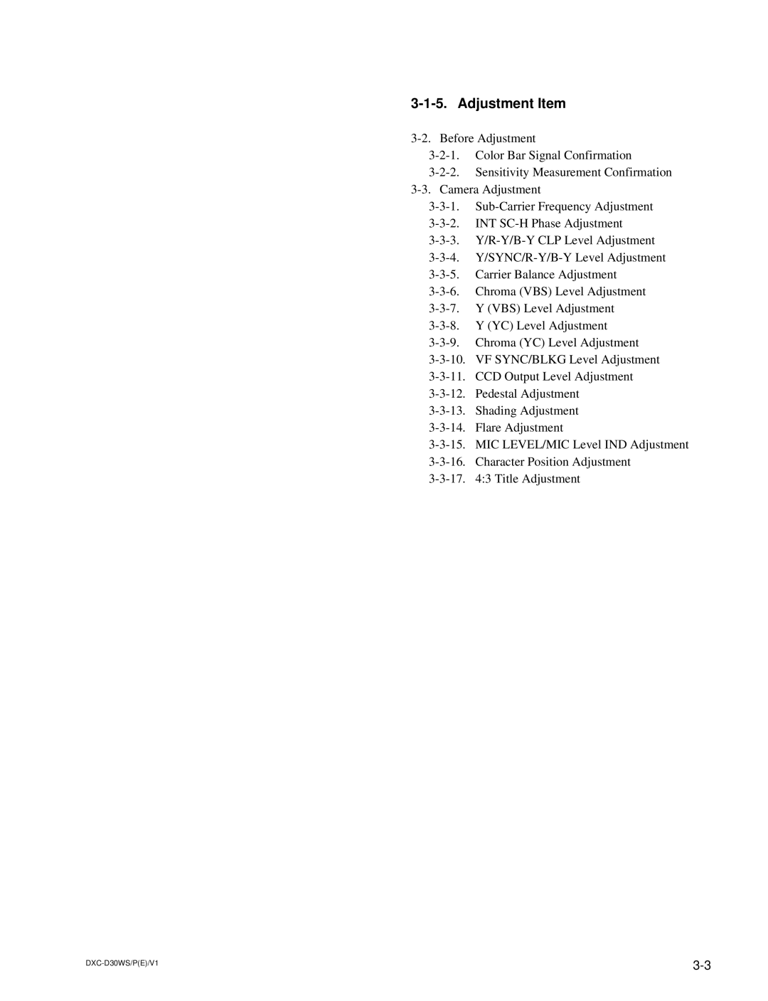 Sony DXC-D30WSP service manual Adjustment Item 