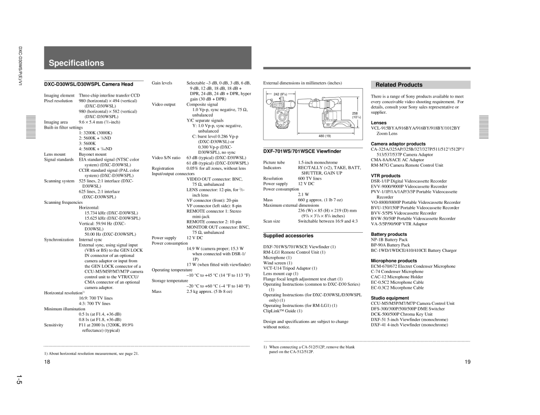 Sony DXC-D30WSP Specifications, Related Products, DXC-D30WSL/D30WSPL Camera Head, DXF-701WS/701WSCE Viewfinder 