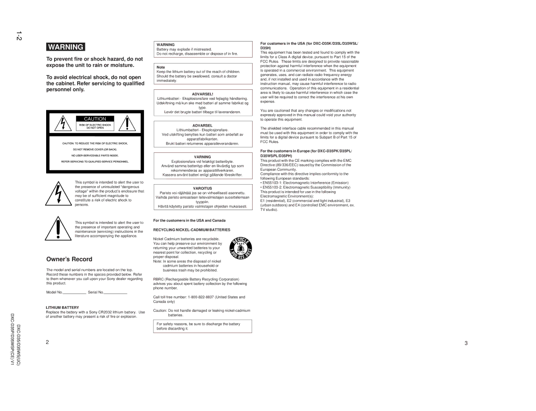 Sony service manual For the customers in the USA and Canada, For customers in the USA for DXC-D35K/D35L/D35WSL/ D35H 