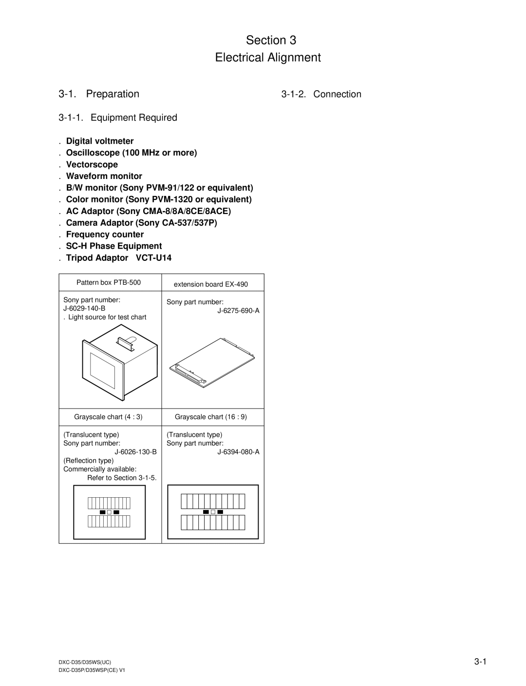 Sony DXC-D35 service manual Preparation, Connection, Equipment Required, Grayscale chart 16, Grayscale chart 4 