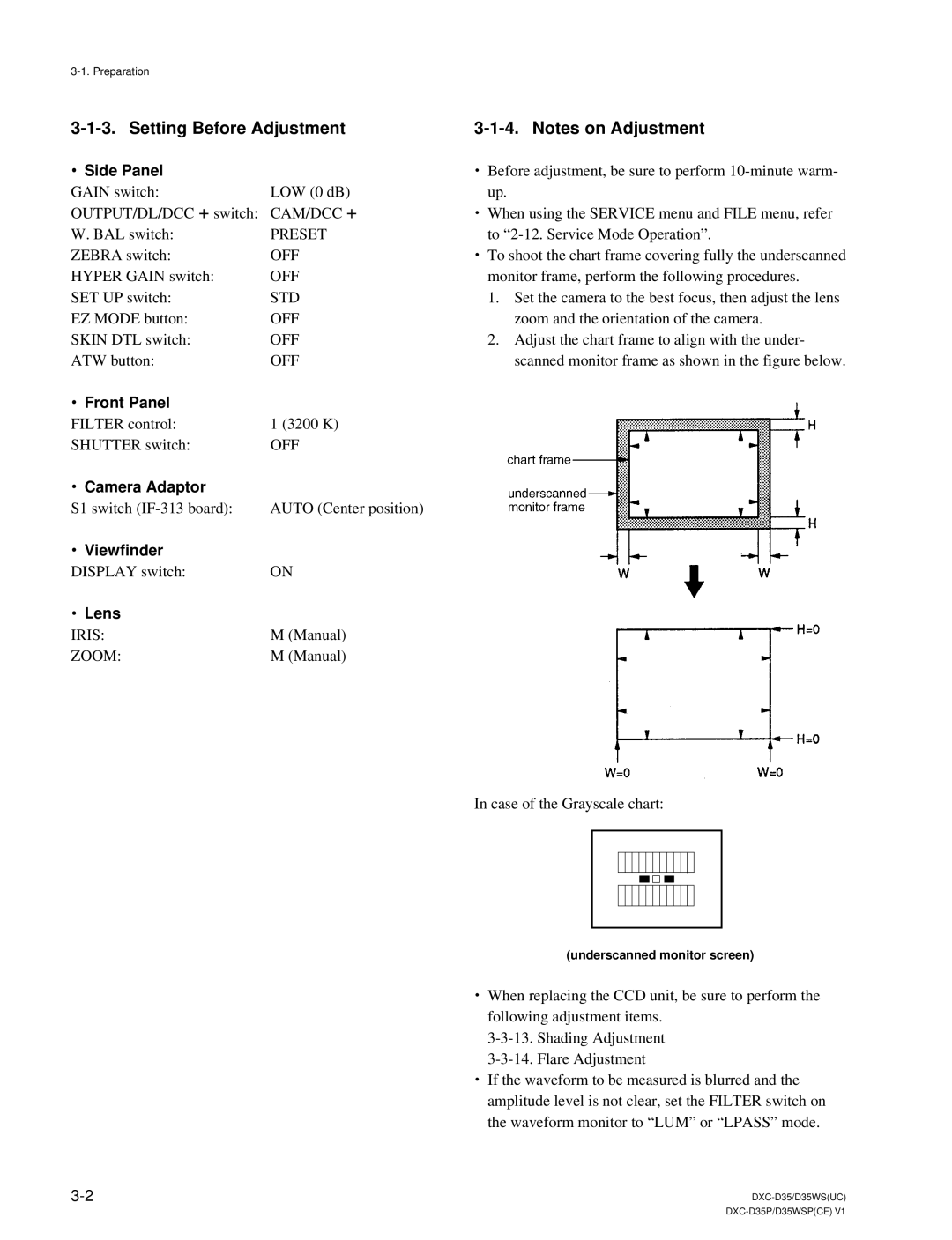 Sony DXC-D35 service manual Setting Before Adjustment 