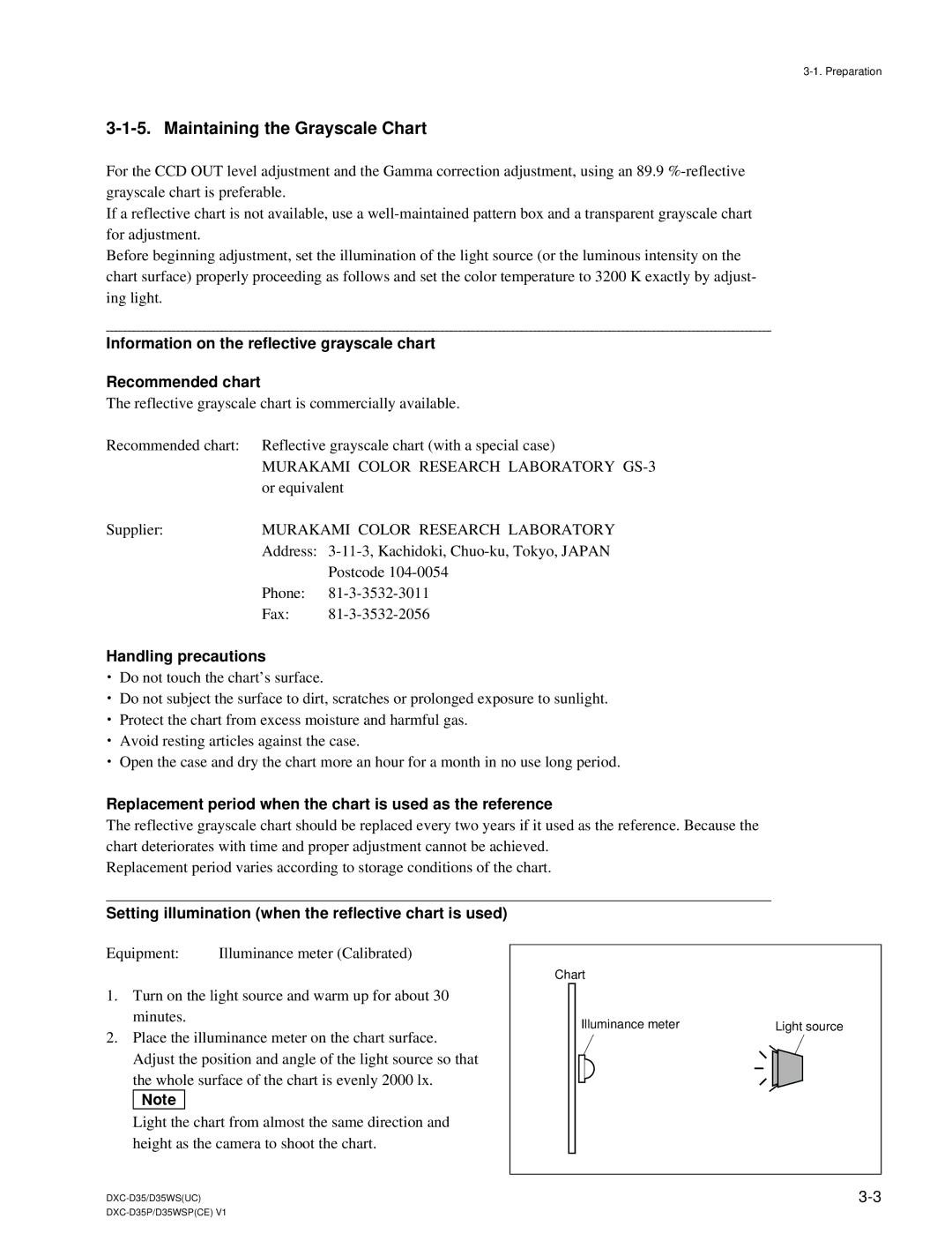 Sony DXC-D35 Maintaining the Grayscale Chart, Handling precautions, Setting illumination when the reflective chart is used 