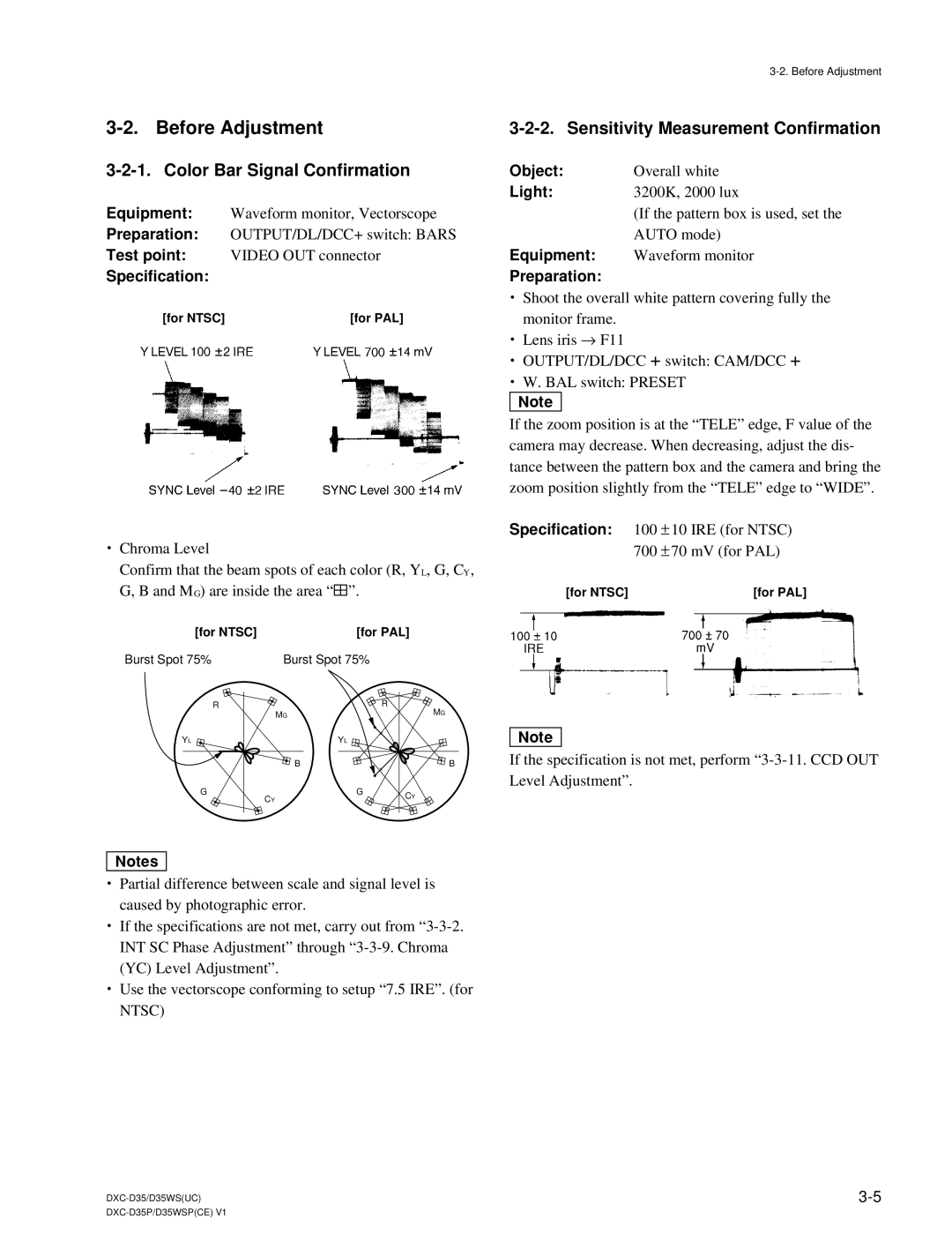 Sony DXC-D35 service manual Before Adjustment, Color Bar Signal Confirmation, Sensitivity Measurement Confirmation 