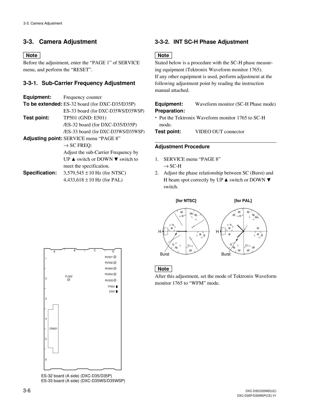 Sony DXC-D35 service manual Camera Adjustment, Sub-Carrier Frequency Adjustment, INT SC-H Phase Adjustment, Test point 