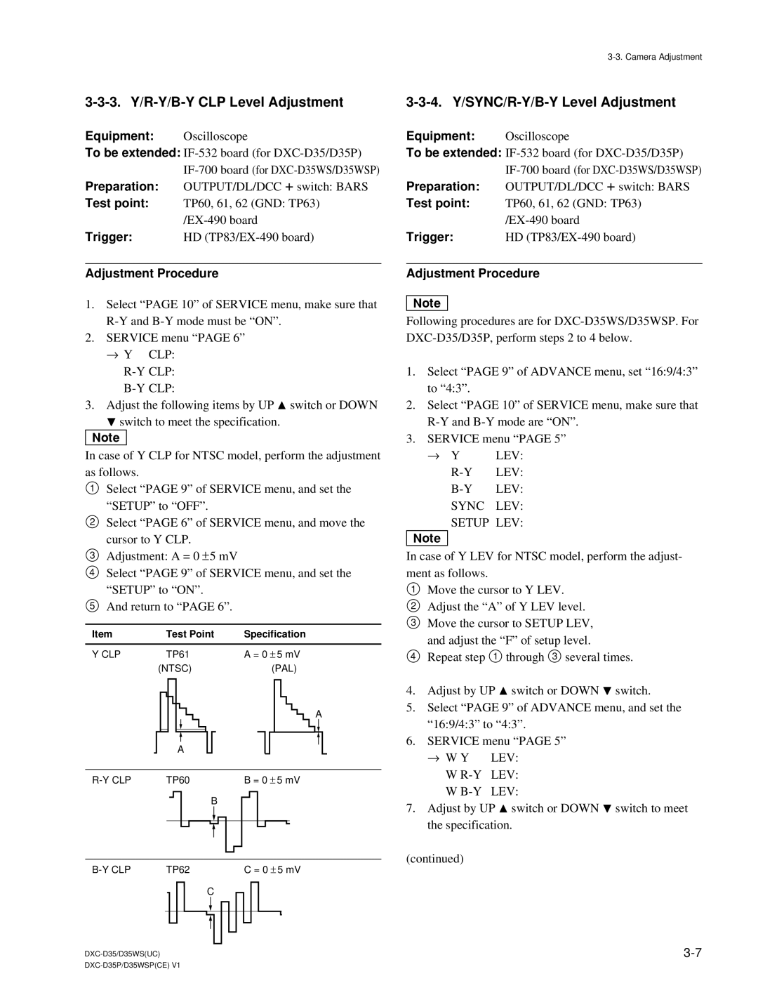 Sony DXC-D35 3. Y/R-Y/B-Y CLP Level Adjustment, 4. Y/SYNC/R-Y/B-Y Level Adjustment, Trigger, → Y Clp R-Y Clp B-Y Clp 