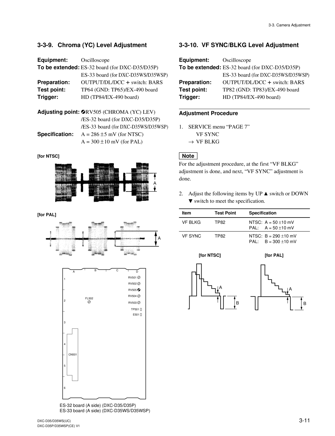 Sony DXC-D35 service manual Chroma YC Level Adjustment, VF SYNC/BLKG Level Adjustment, VF Sync → VF Blkg 