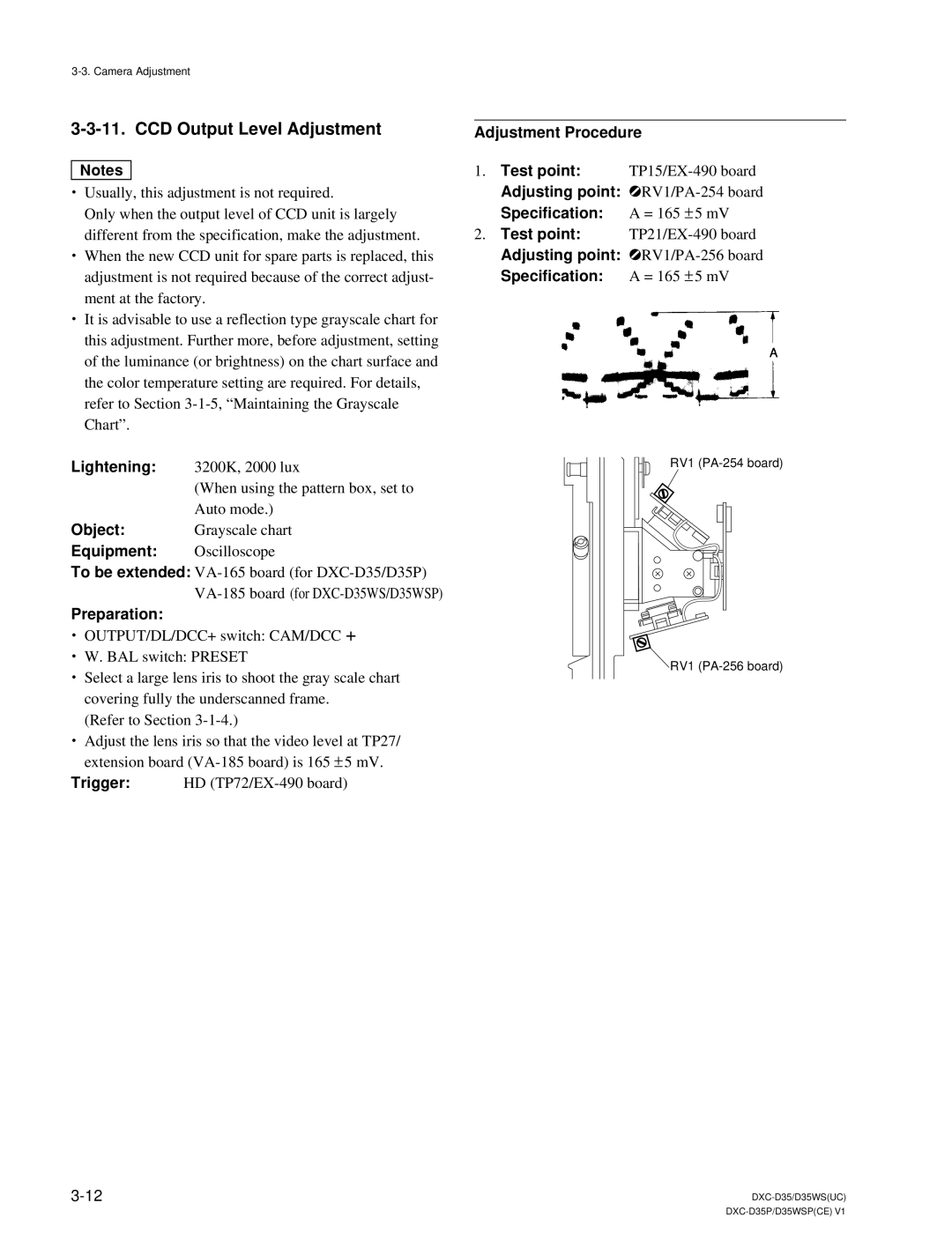 Sony DXC-D35 service manual CCD Output Level Adjustment, Lightening, Adjustment Procedure Test point 